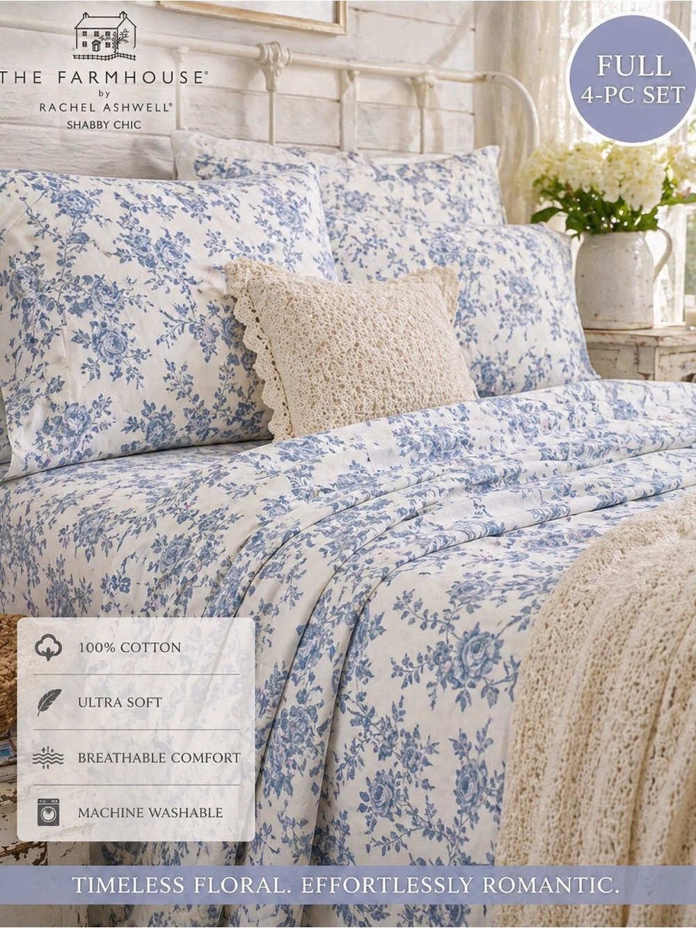 Rachel Ashwell Shabby Chic Full Sheet Set Blue Toile 100% Cotton Farmhouse